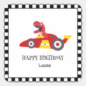Red Birthday Dinosaurier Rennfahrer Kindername Quadratischer Aufkleber (Vorderseite)