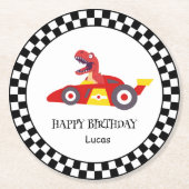 Red Birthday Dinosaurier Rennfahrer Kindername Runder Pappuntersetzer (Vorderseite)