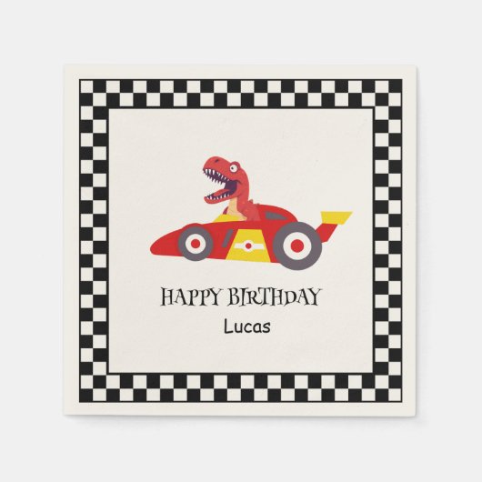 Red Birthday Dinosaurier Rennfahrer Kindername Serviette (Vorderseite)