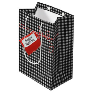 Red Birthday Gift Tag auf Gingham Medium Geschenkt Mittlere Geschenktüte