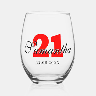 Red Birthday Number Black 3D Name Date Weinglas Ohne Stiel