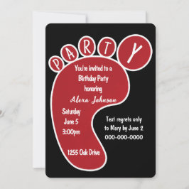 Red Birthday Party Footprint auf schwarz Einladung
