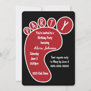Red Birthday Party Footprint auf schwarz Einladung