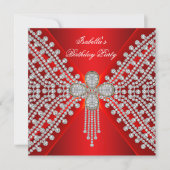 Red Birthday Party Silver White Diamond Image Einladung (Vorderseite)