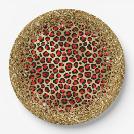 Red Black and Gold Glittery Foil Leopard Glam Pappteller
