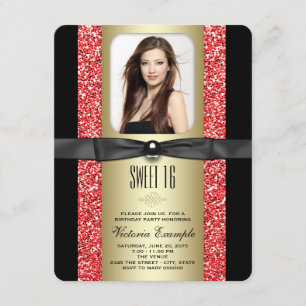 Red Black and Gold Glitzer Sweet 16 Party Einladung
