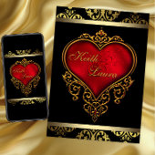 Red Black and Gold Heart Wedding Einladung