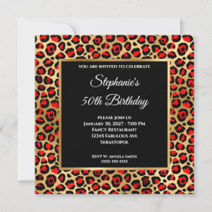 Red Black and Gold Leopard Glam 50. Geburtstag Einladung