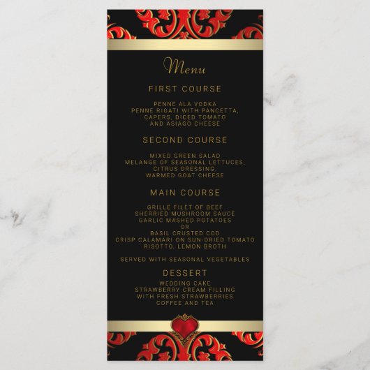 Red Black and Gold Wedding Menu Menükarte (Vorderseite)