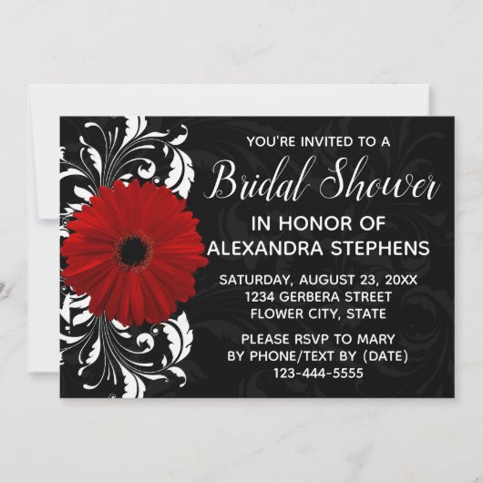 Red Black and White Gerbera Daisy Brautparty Einladung (Vorderseite)