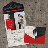 Red Black and White Monogram Wedding All In One Einladung
