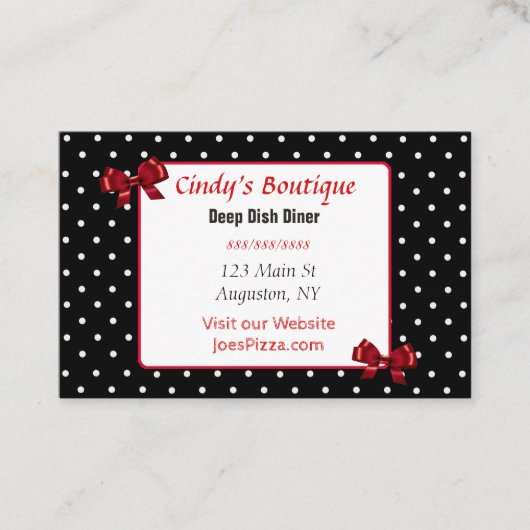 Red, Black and White Polka Dot Bow Business Card Visitenkarte (Vorderseite)