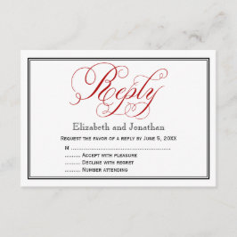 Red Black and White Script Wedding Repcard RSVP Karte