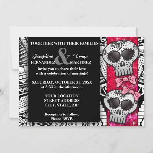 Red Black and White Sugar Skull Wedding Glitzer Einladung (Vorderseite)
