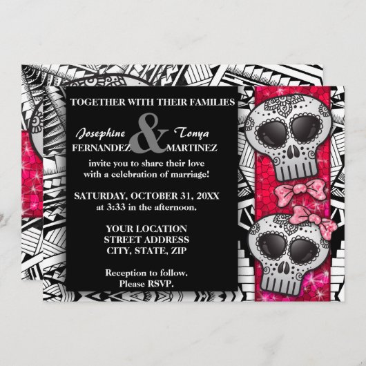Red Black and White Sugar Skull Wedding Glitzer Einladung (Vorne/Hinten)