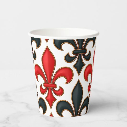 Red Black Baroque Fleur-de-lis Pattern Design  Pappbecher (Rückseite)