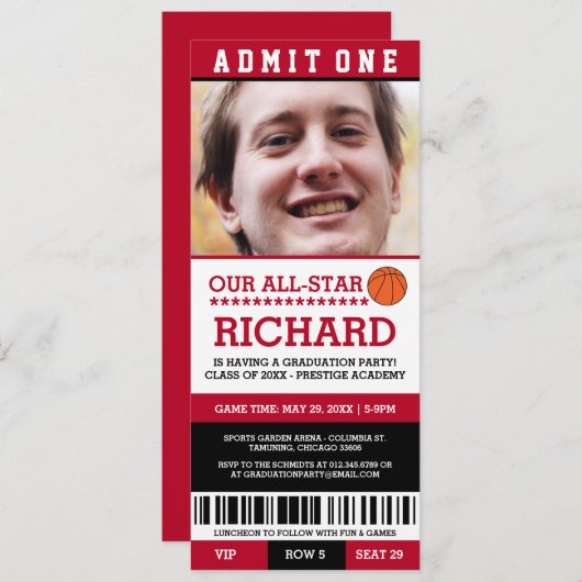 Red & Black Basketball Graduation Party - Einladun Einladung (Vorne/Hinten)