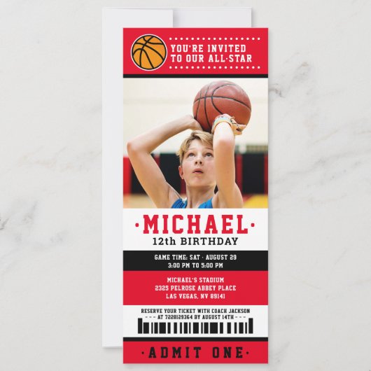 Red Black Basketball Ticket Geburtstag Foto Einladung (Vorderseite)