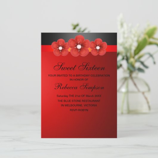 Red & Black Blume Band Sweet 16 Birthday Einladung (Stehend Vorderseite)