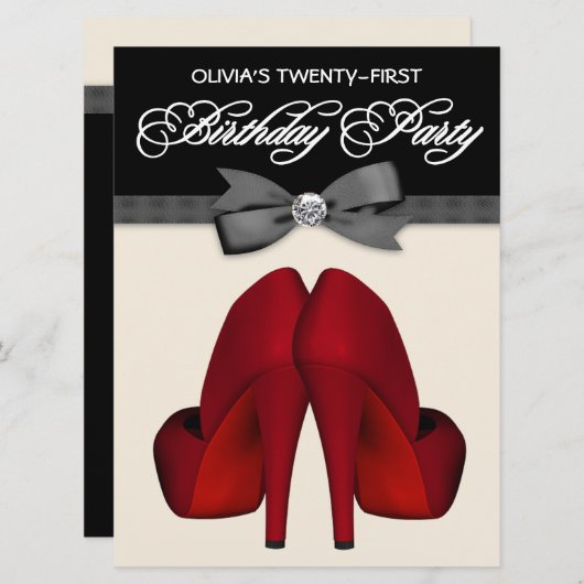 Red Black Bow Krawatte Womans Birthday Party Einladung (Vorne/Hinten)
