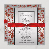 Red & Black Bow Krawatten Damask Geburtstagsparty Einladung (Vorne/Hinten)