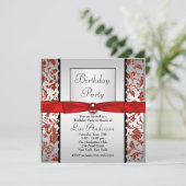 Red & Black Bow Krawatten Damask Geburtstagsparty Einladung (Stehend Vorderseite)