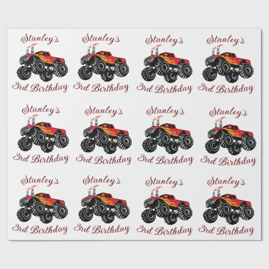 Red Black Boys Geburtstag Monster Truck Geburtstag Geschenkpapier (Flach)
