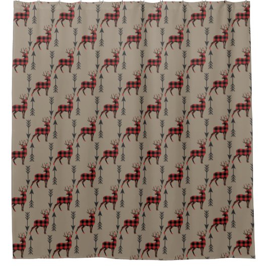 Red Black Buffalo Kariert Deer Pattern Duschvorhang (Vorderseite)