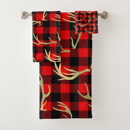Red & Black Buffalo Kariert & Gold Deer Antlers Badhandtuch Set (Insitu)