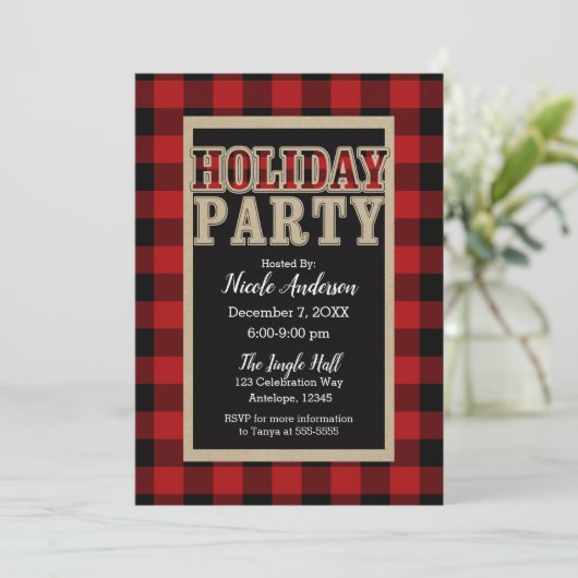 Red Black Buffalo Kariert Rustic Holiday Party Einladung (Stehend Vorderseite)