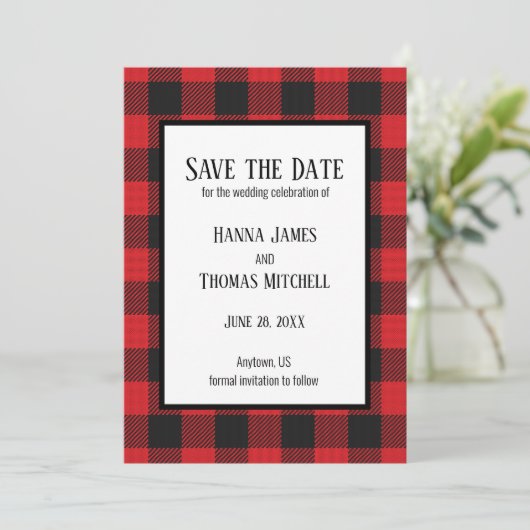 Red Black Buffalo Kariert Rustikale Hochzeit Save The Date (Stehend Vorderseite)