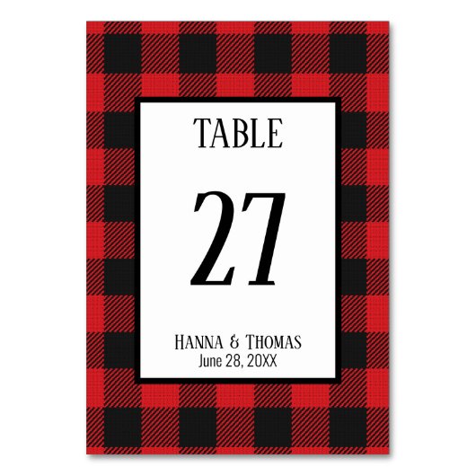Red Black Buffalo Kariert Rustikale Hochzeit Tischnummer (Rückseite)
