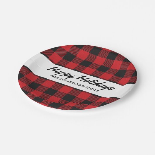 Red Black Buffalo Kariert Rustikale Weihnachten Pappteller (Schrägansicht)