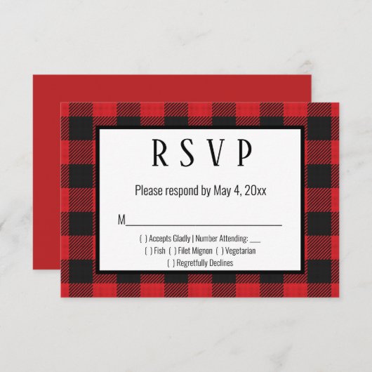 Red Black Buffalo Kariert Wedding RSVP Card (Vorne/Hinten)