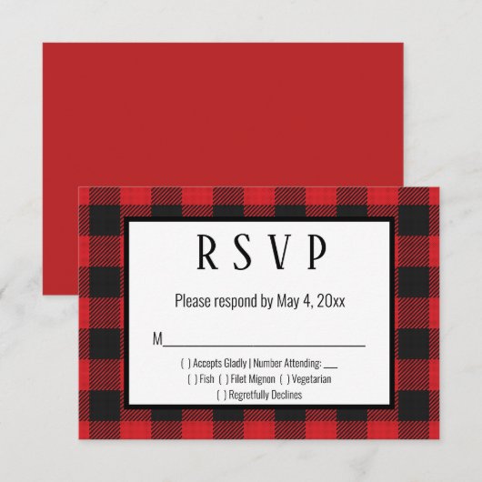 Red Black Buffalo Kariert Wedding RSVP Card Karte (Vorne/Hinten)
