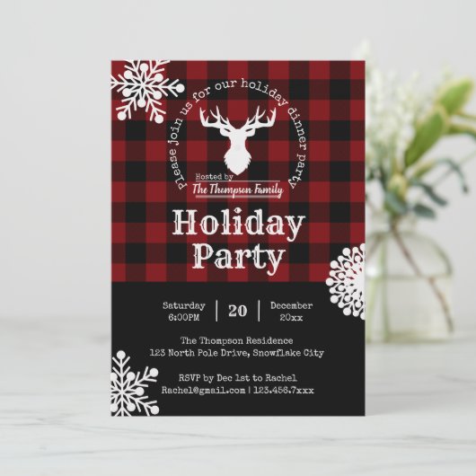 Red Black Buffalo Karierte Weihnachtsfeier Einladung (Stehend Vorderseite)