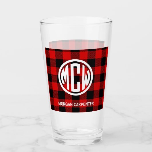 Red Black Buffalo Karo Circle Monogram DIY BG Glas (Vorderseite)