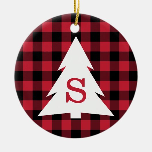 Red Black Buffalo Karo Monogram Weihnachtsbaum Keramik Ornament (Vorne)