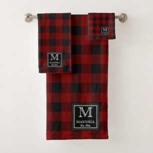 Red Black Buffalo Karos Muster Monogram Name Yr Badhandtuch Set