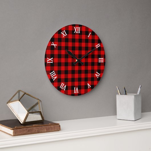 Red Black Buffalo Lumberjack Karo Kariertes Muster Große Wanduhr (Büro)