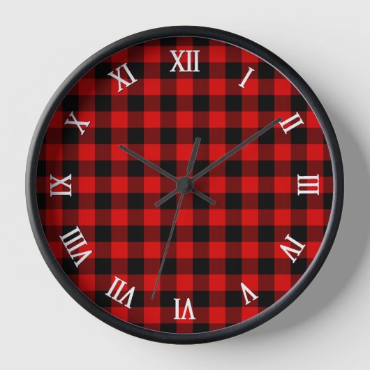 Red Black Buffalo Lumberjack Karo Kariertes Muster Wanduhr (Vorderseite)