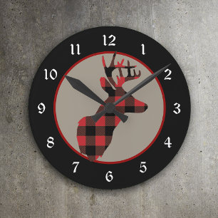 Red Black Buffalo Plaid Deer Head Runde Wanduhr