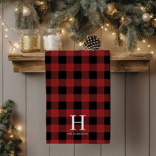 Red Black Buffalo Plaid Monogram Holiday Geschirrtuch