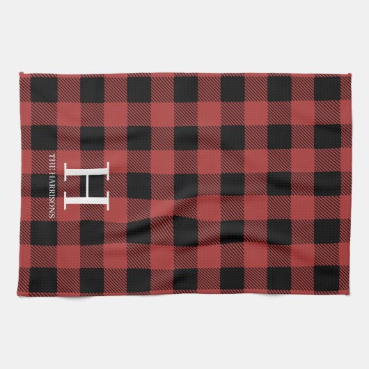 Red Black Buffalo Plaid Monogram Holiday Geschirrtuch (Horizontal)