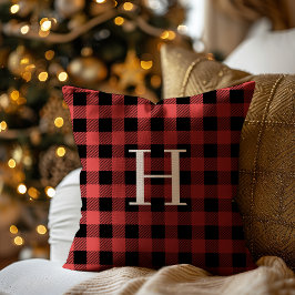 Red Black Buffalo Plaid Monogram Holiday Kissen