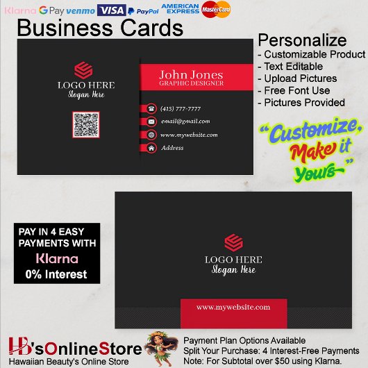 Red & Black Business Cards 7 Pack mit 100 Visitenkarte