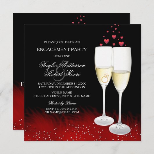 Red Black Champagner Ring Herzlich Engagement Part Einladung (Vorne/Hinten)