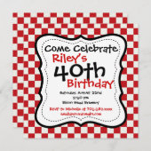 Red Black Checkered 40. Geburtstag Party Einladung (Vorne/Hinten)