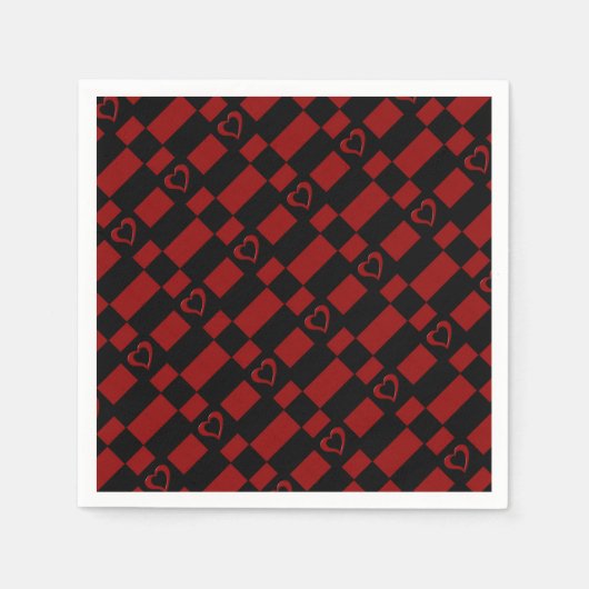 Red & Black Checkered Heart Pattern Napkins Serviette (Vorderseite)