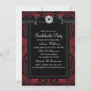 Red & Black Chic Damask Junggeselinnen-Abschied Einladung